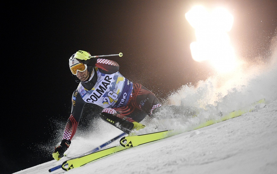 Ivica Kostelic at the Ski World Cup refractioned light creating illusion of exploding gate