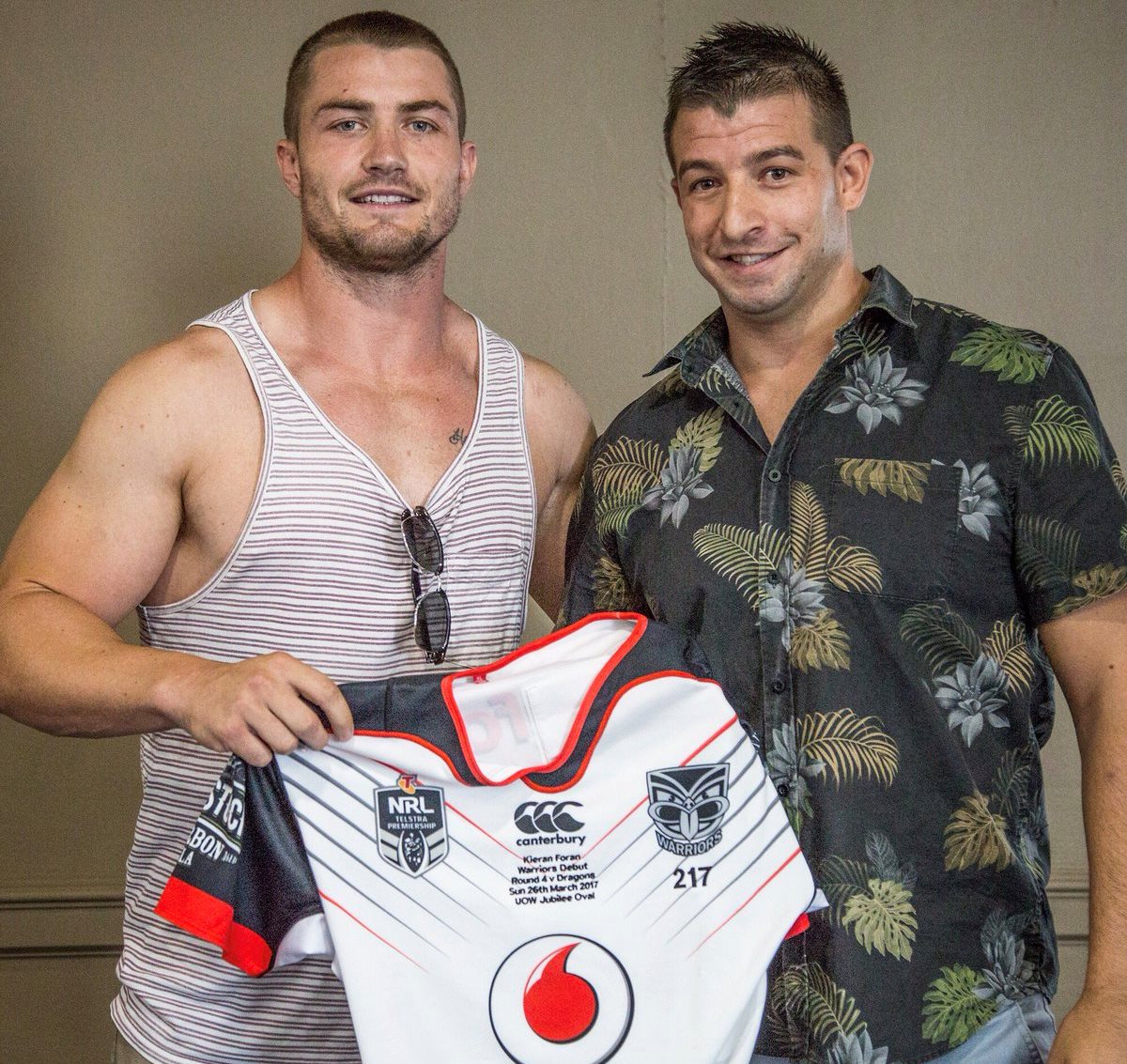 Brother Liam present Kieran Foran with his debut jersey today