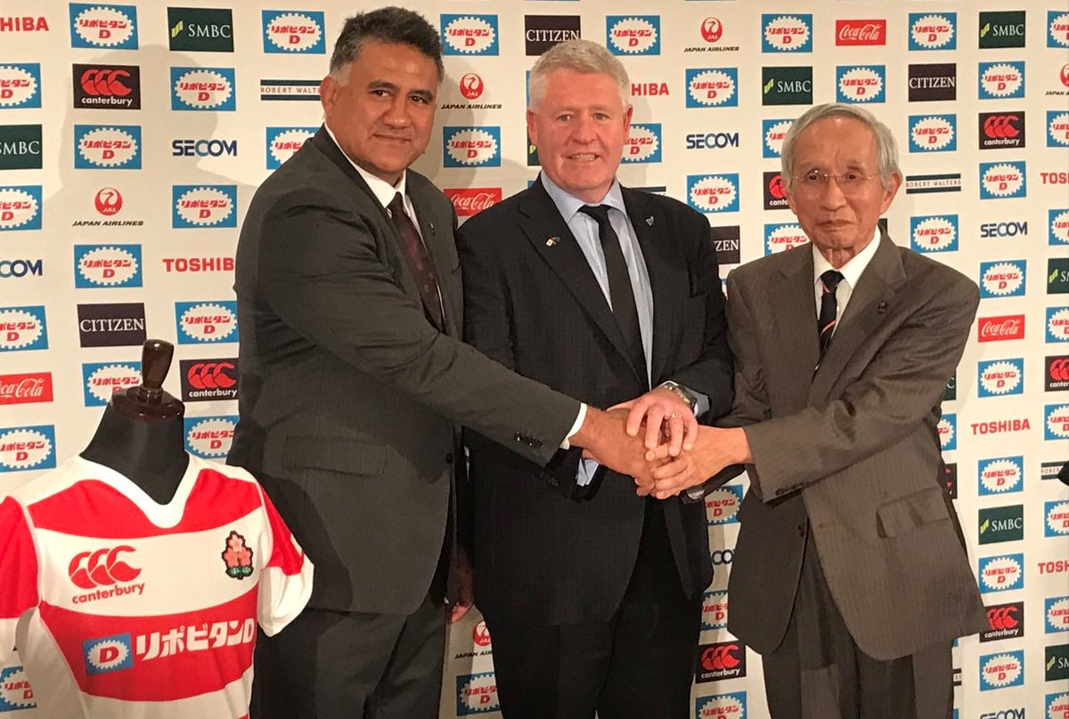 Jamie Joseph, Steve Tew and Japanese Rugby chairman Tadashi Okamura