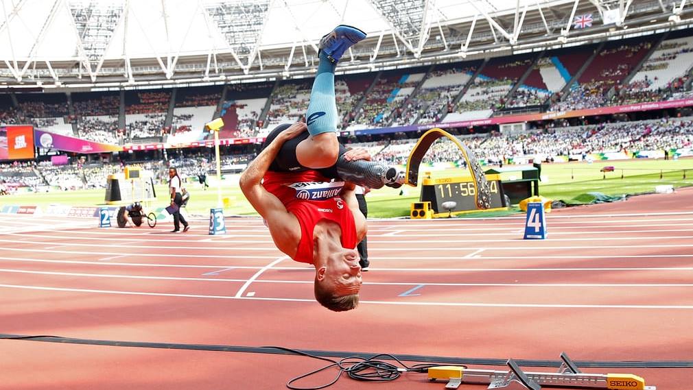 Denmark’s Daniel Wagner celebrates winning the men’s T42 long jump at the IAAF World Para Athletics Championships London