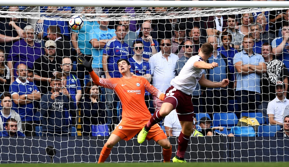 Burnley’s Sam Vokes scores their third goal as they beat the champions Chelsea 3-2